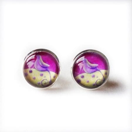 post earrings pink bird