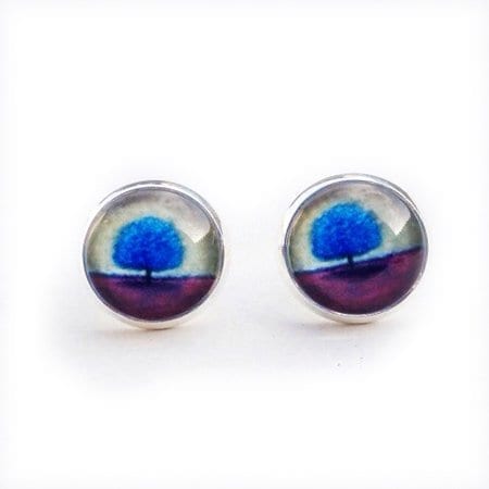 Blue tree post earrings